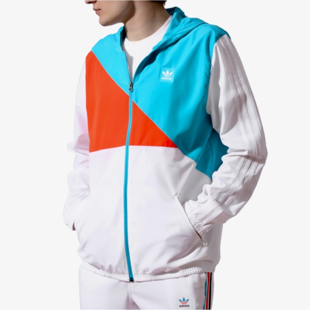 ADIDAS Courtside Windbreaker Jacket - White/Energy Blue - Men’s Small - Like New